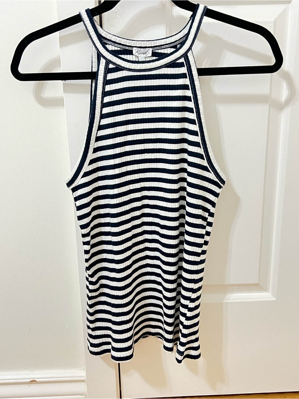 Kismet Navy and White Striped Ribbed Halter Tank